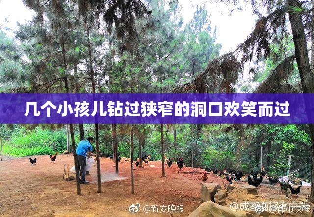 几个小孩儿钻过狭窄的洞口欢笑而过